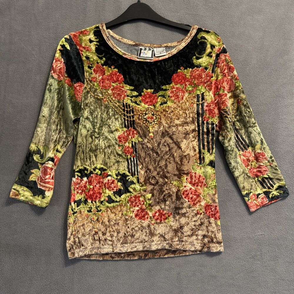 VTG 90s Take Two Clothing Co Floral Beaded Velvet Top Size S Phoebe Buffay Fairy